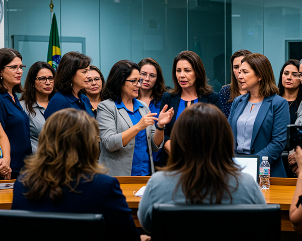 Mulheres liderando uma reunião política, simbolizando as lideranças femininas na política